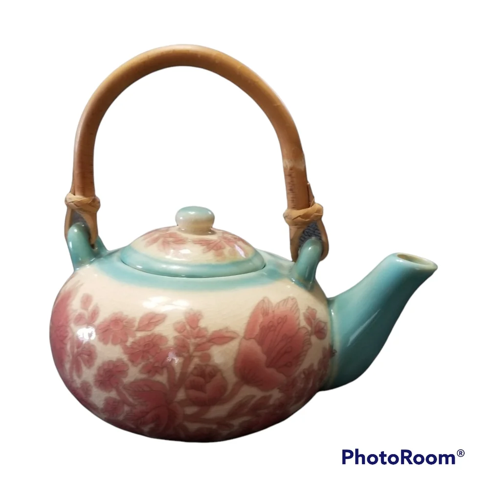 Vintage Pier 1 Imports Ceramic Teapot Pink & Blue W Removable Bamboo Handle